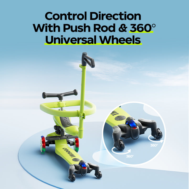 The push rod of Cooghi universal wheel luminous kids roller scooter controls the direction